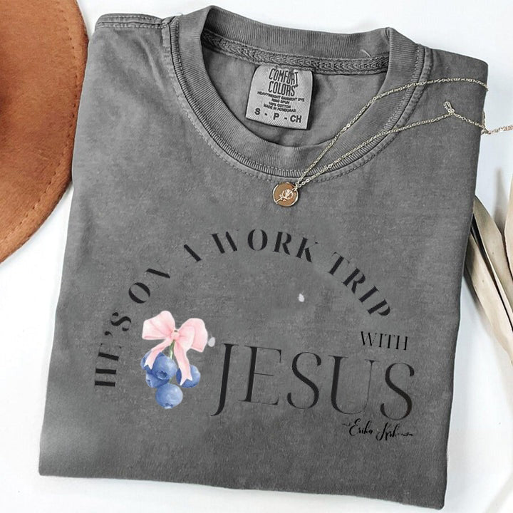 He's on a Work Trip with Jesus Christian Comfort Color, Blueberry Budget Sweater, Inspired By Erika Kirk, Christian Gift